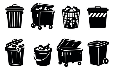 Graphic icon garbage container set featuring various trash bins and dumpsters for waste disposal and recycling
