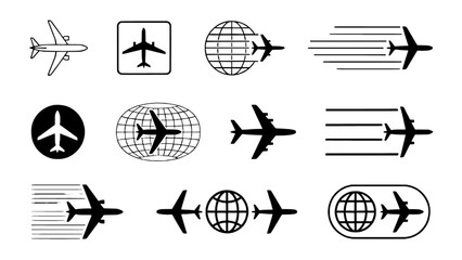 Collection of airplane and travel direction icons representing global flight routes, air travel, and transportation navigation in clean vector style. © Andika