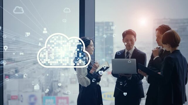 会議するビジネスパーソンのグループとクラウドコンピューティングのコンセプト