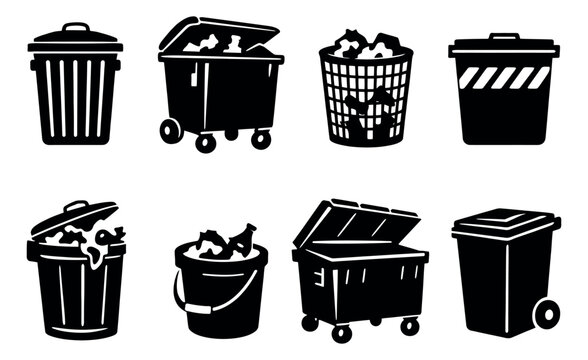 Graphic icon garbage container set featuring various trash bins and dumpsters for waste disposal and recycling