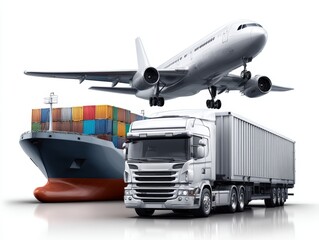 Global transportation and logistics illustration with airplane, cargo ship and truck, international freight and supply chain concept
