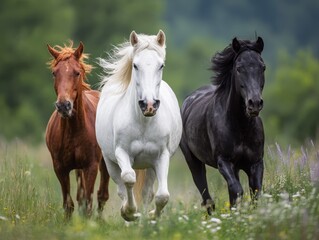 Obraz premium Three horses running freely through green meadow, powerful wildlife scene with natural motion and outdoor countryside atmosphere 