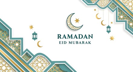 Ramadan eid mubarak greeting card with crescent moon and lanterns on white background
