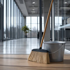 Broom bucket cleaning office floor modern glass corporate interior daylight cleanliness workspace equipment maintenance professional empty