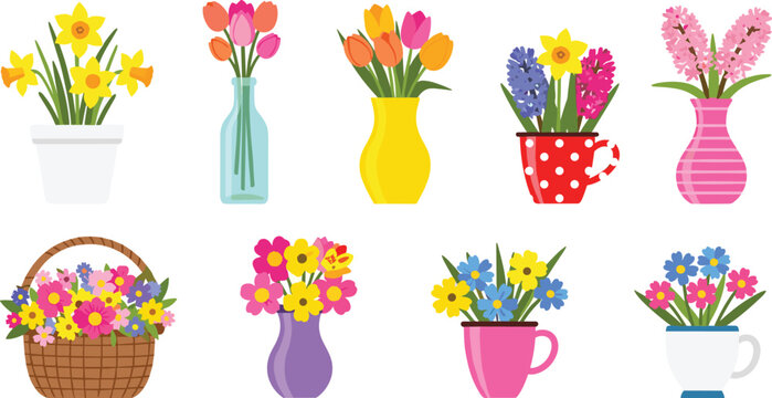 Colorful flower arrangements in diverse containers including pots, vases, mugs, and basket showcasing spring blossoms, tulips, daffodils, hyacinths, wildflowers