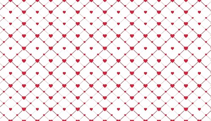 Repeating pattern of red hearts and dots on a white background