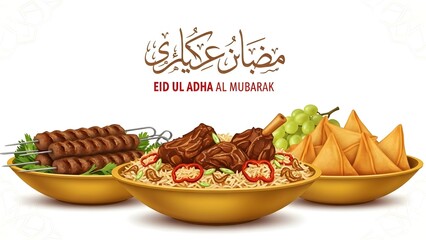 Eid aladha celebration with traditional middle eastern dishes on gold plates isolated on white background