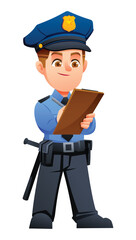 Diligent boy police officer writing notes on a clipboard while wearing his uniform. Vector cartoon character illustration