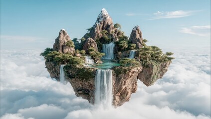 Floating island with waterfalls, lush greenery, and snowy peak in a bright, sunny sky