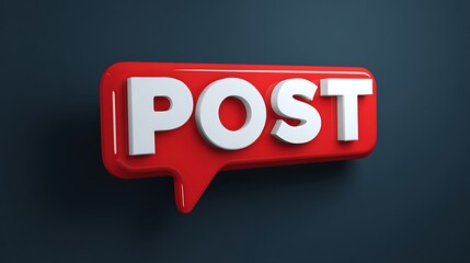 3D red speech bubble icon with “POST” text on dark gray background, social media and digital communication symbol