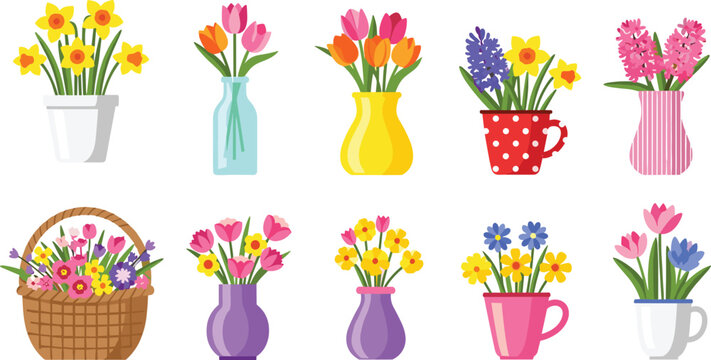 Colorful spring flower arrangements in decorative vases, pots, mugs, and baskets with tulips, daffodils, hyacinths, daisies vibrant vector illustration