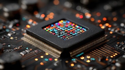 Close up view of a microchip on a circuit board with colorful lights showing active connections and data processing on a black background