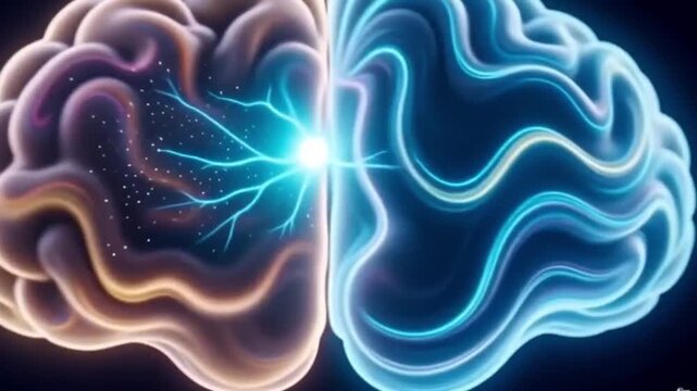 Creative animation of brain hemispheres formed by electronic circuits, visualizing intelligence, technology, and digital creativity.