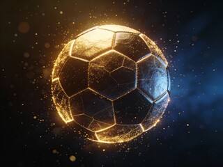 Naklejka premium A glowing soccer ball with golden sparkles in a dark blue background