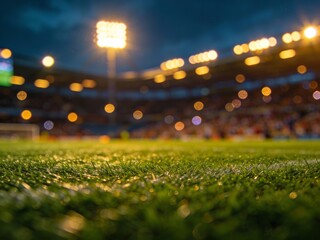 A green soccer field with bright stadium lights shining at night during a game