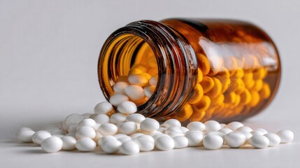 Capsule and tablet medications spill from brown glass bottle on white surface during day