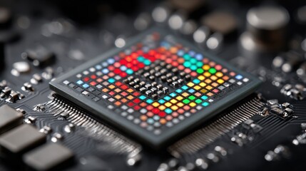 Close up view of a microchip on a circuit board with colorful lights showing active connections and data processing on a black background