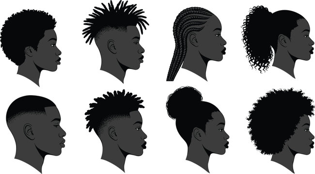 Diverse Black hairstyles vector silhouettes showcasing afro, dreadlocks, cornrows, ponytail, buzz cut, mohawk, bun, cultural identity illustration