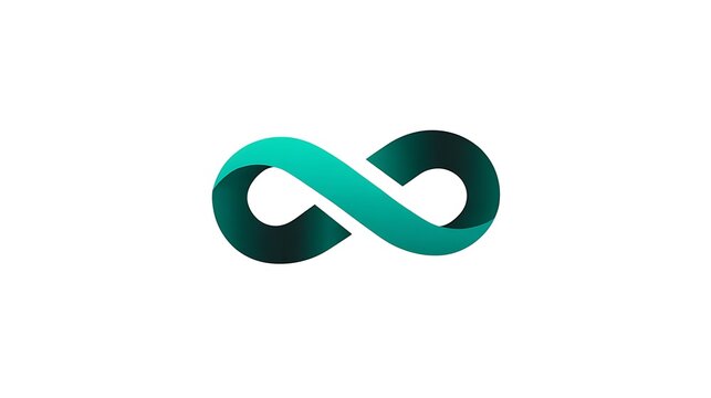 3D infinity symbol in teal and emerald gradient, floating on white background, modern minimalist design, timeless concept - Powered by Adobe
