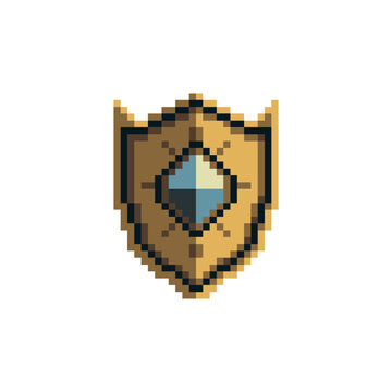 Pixel art fantasy shield with gemstone in center, retro 8 bit style game icon for RPG interface, medieval armor equipment symbol, isolated object for video game UI, inventory, HUD, or mobile game asse