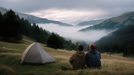 Fototapeta premium Two people sit by a tent gazing at a misty mountain valley at dawn