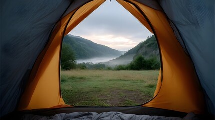 View from tent at misty mountain valley during dawn