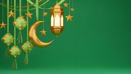 Eid mubarak celebration with golden lanterns and crescent moon on green background