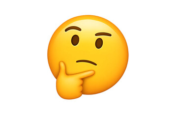 Fototapeta premium A vibrant yellow thinking face emoji with a raised hand to the chin displaying contemplation on transparent background