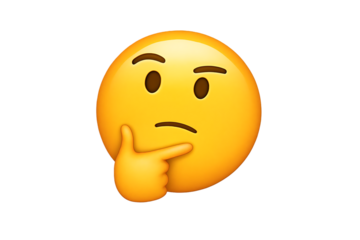 A vibrant yellow thinking face emoji with a raised hand to the chin displaying contemplation on transparent background