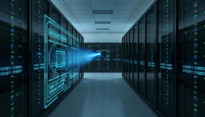 Autonomous security drone scanning server racks in a dark data center using encrypted data packet analysis and thermal cooling flow monitoring technology.