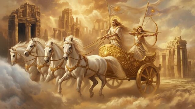 Majestic chariot with celestial beings riding through a golden sky filled with clouds