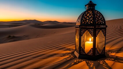 Lantern in desert at sunset with sand dunes and warm light
