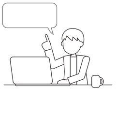 き出しで説明するパソコン作業中の男性（線画）