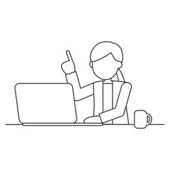 パソコン作業中に指差しで説明する女性の線画イラスト