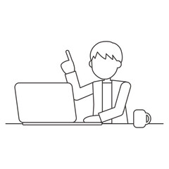 パソコン作業中に指差しで説明する男性の線画イラスト