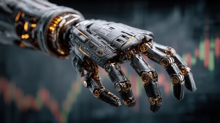Modern robotic hand reaching out towards digital stock market display in a futuristic environment showcasing technology and innovation during the day