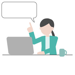 吹き出しで説明するパソコン作業中の女性