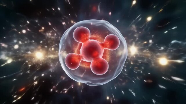 Detailed 3D illustration of a molecule with red atoms surrounded by a translucent structure