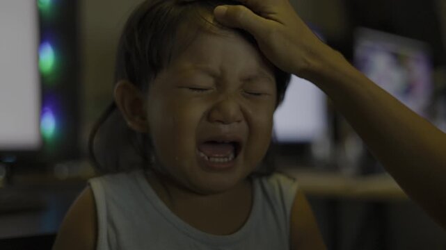 Toddler Sobs Sadly Upset Because Not Getting Milk, A tearful toddler sobs sadly on a cozy couch, upset over missing milk, perfect for an emotional family film scene or parenting drama.