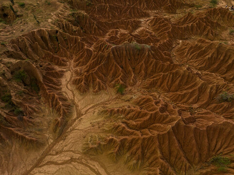 Aerial view of dramatic eroded desert landscape with deep jagged ridges and sparse vegetation. Tatacoa Desert, Desierto de La Tatacoa, Colombia
