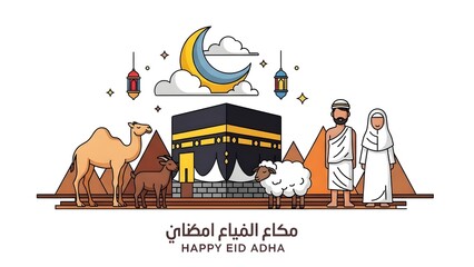 Illustration of kaaba with people camel and sheep on colorful background for eid aladha