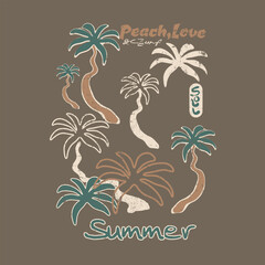 Summer T-shirt print Design. palm tree artwork for girl's, boy's fashion. vintage grunge texture effects this print. hand drawn line art tree.