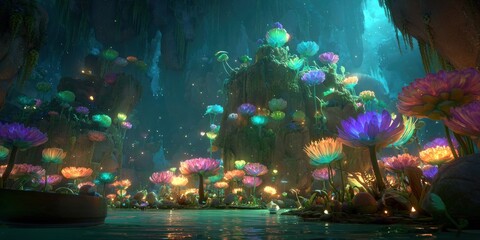 An underwater cave glows with bioluminescent flora. A body of water reflects vibrant colors