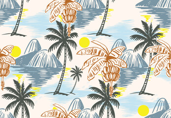 RIO Tropical Summer Pattern Design. Palm Tree Pattern.  Print. Rio mountain Seamless pattern Design. Botanical Retro Print design. Shirt print design. perfect for tee shirt fabric in summer vibes.