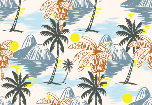 RIO Tropical Summer Pattern Design. Palm Tree Pattern.  Print. Rio mountain Seamless pattern Design. Botanical Retro Print design. Shirt print design. perfect for tee shirt fabric in summer vibes.