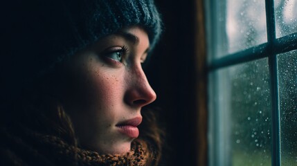 Introspective Young Woman Looking Through Rainy Window in Cinematic Winter Mood