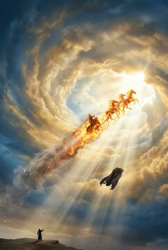 Dramatic Biblical Scene of Elijahs Fiery Chariot Ascension into Swirling Clouds.