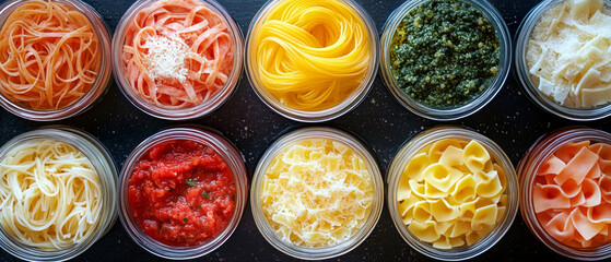 Colourful pasta ingredients in transparent containers showcase culinary abundance, providing a vibrant backdrop for food blogs or product advertising.