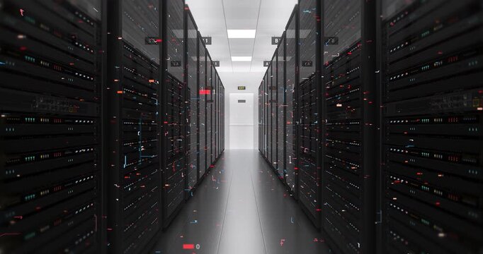 Modern Server Room Full of Glowing Computer Racks 4K Animation. Technology Related 3D Animation.