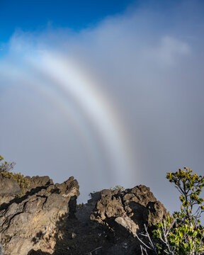 Misty landscape with a faint rainbow over rocky cliff and scattered vegetation. Kula, Hawaii, USA